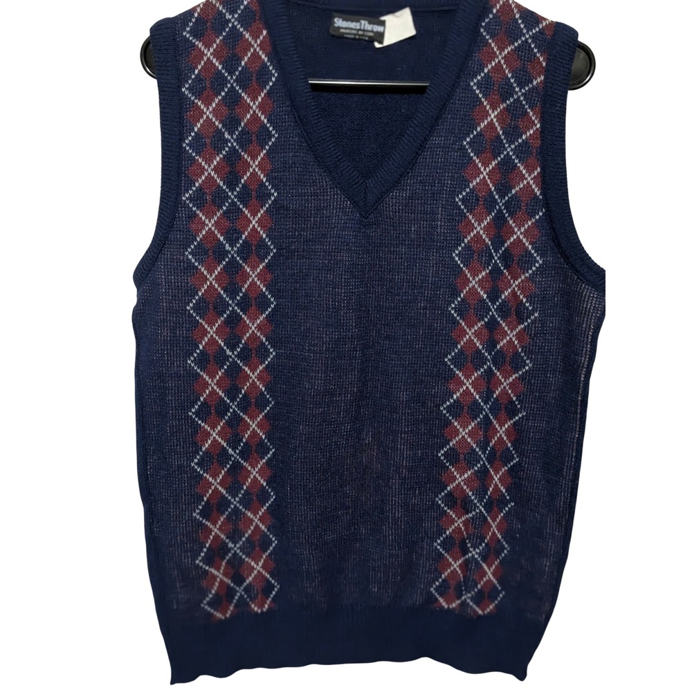 StonesThrow Grandpacore Sweater Vest Mens L Navy Blue Argyle V-Neck Vintage